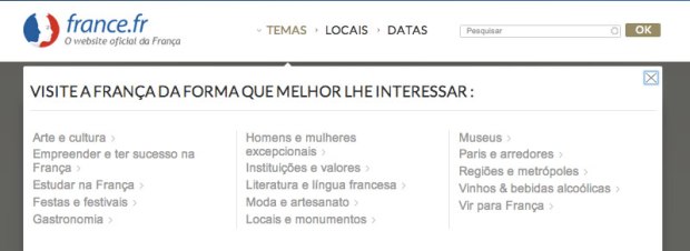 Categorias variadas abrangem vários assuntos relacionados à França, organizando a pesquisa por interesse. 